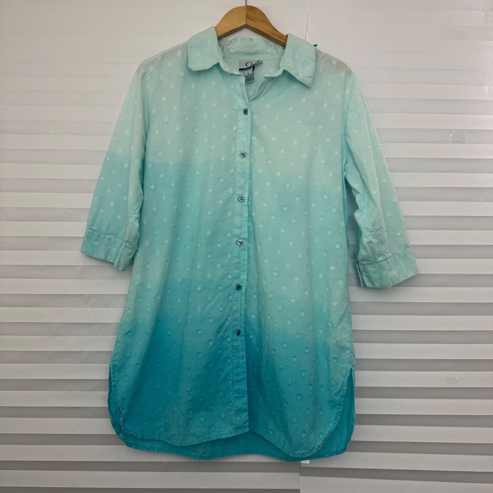 CZ Cover-Ups Turquoise‎ Ombre Clip Dot Cotton Tunic Shirt XL 3/4 Sleeve